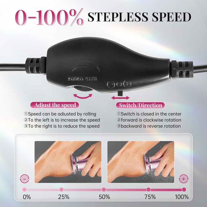 krofaue Electric Foot File Remover Callus - Professional Aluminum File Grinder Adjustable Pedicure Tools with 60pcs Sandpaper Disks for Dead Skin - Image 2